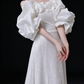 White Off Shoulder Ruffle Puff Sleeve Sequin A Line Evening Gown fg9116