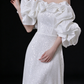 White Off Shoulder Ruffle Puff Sleeve Sequin A Line Evening Gown fg9116