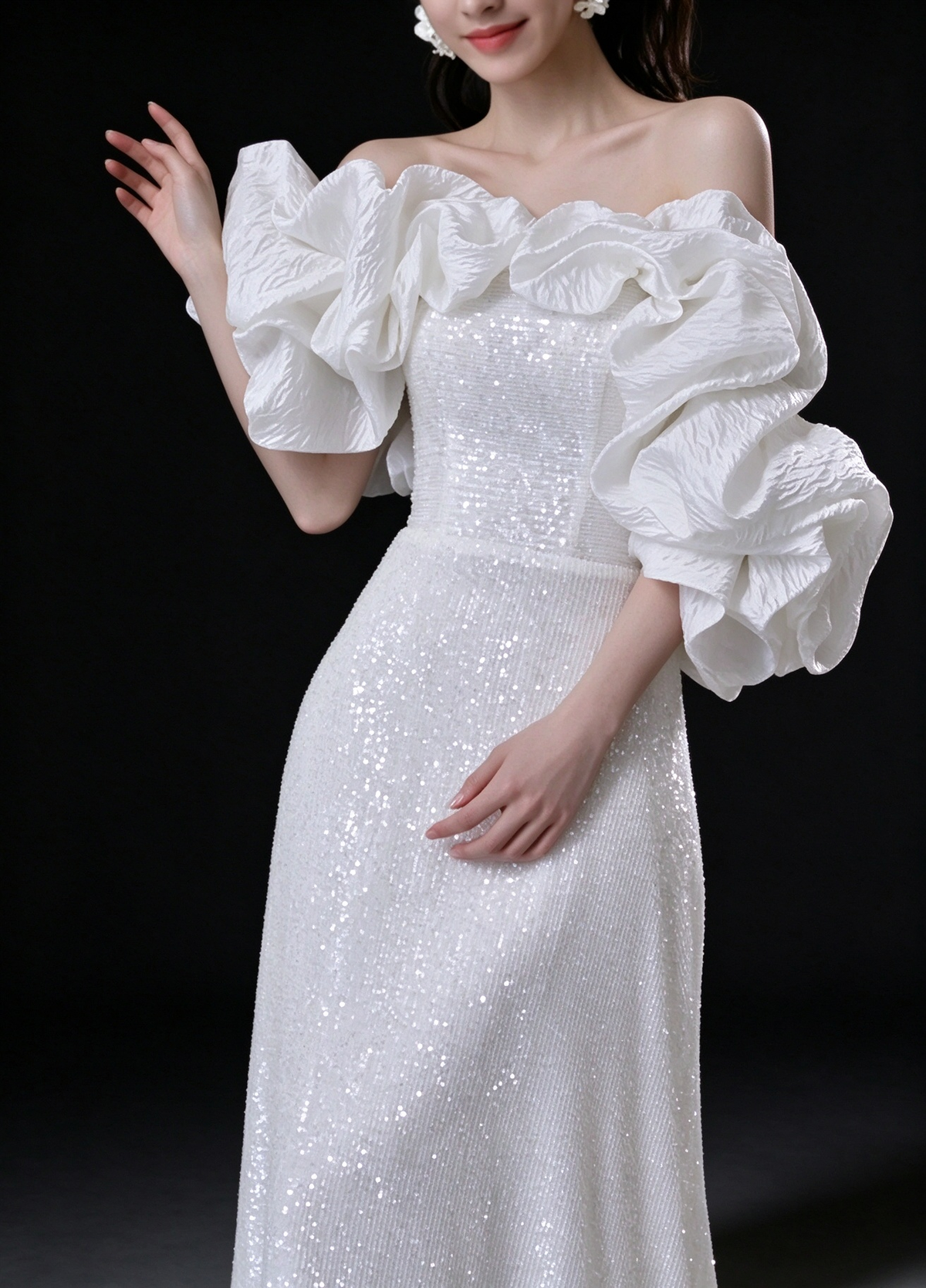 White Off Shoulder Ruffle Puff Sleeve Sequin A Line Evening Gown fg9116