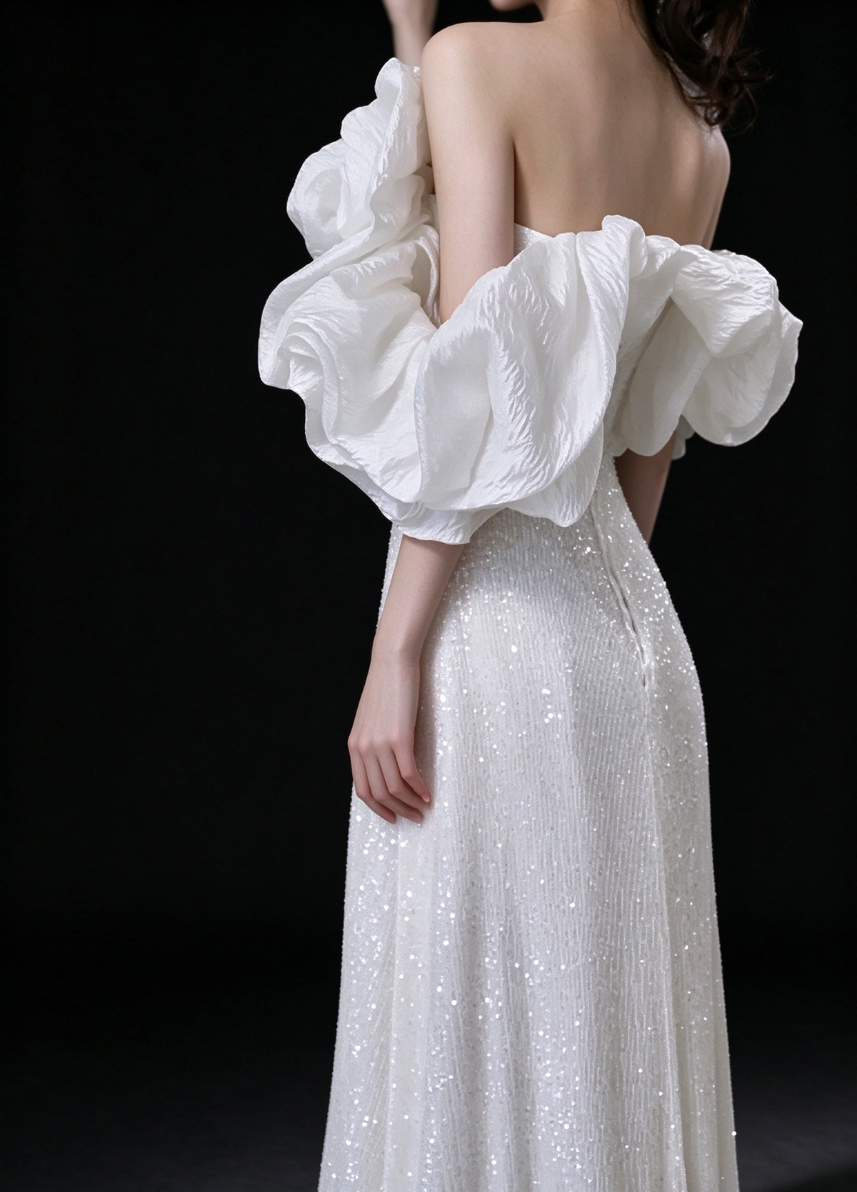 White Off Shoulder Ruffle Puff Sleeve Sequin A Line Evening Gown fg9116