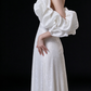 White Off Shoulder Ruffle Puff Sleeve Sequin A Line Evening Gown fg9116