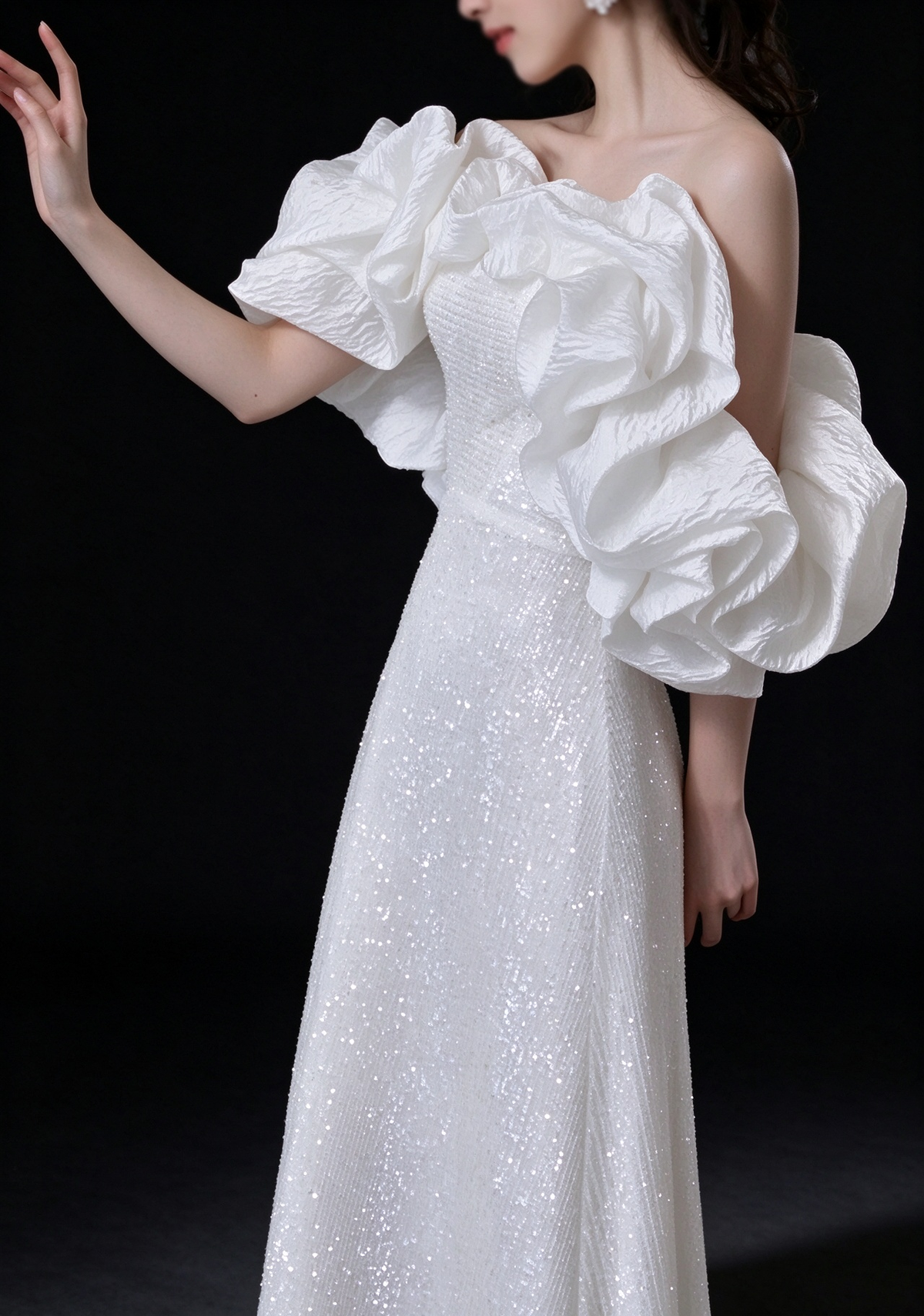 White Off Shoulder Ruffle Puff Sleeve Sequin A Line Evening Gown fg9116