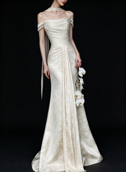 Ivory Off Shoulder Pearl Satin Mermaid Wedding Dress fg9167
