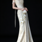 Ivory Off Shoulder Pearl Satin Mermaid Wedding Dress fg9167