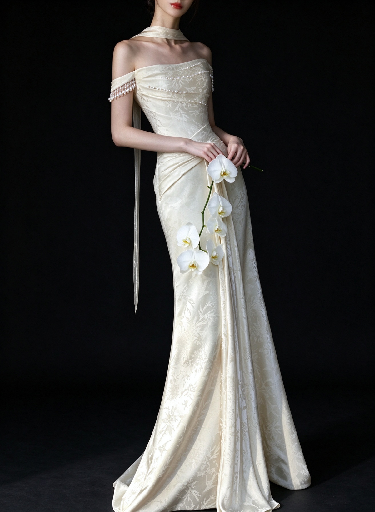 Ivory Off Shoulder Pearl Satin Mermaid Wedding Dress fg9167
