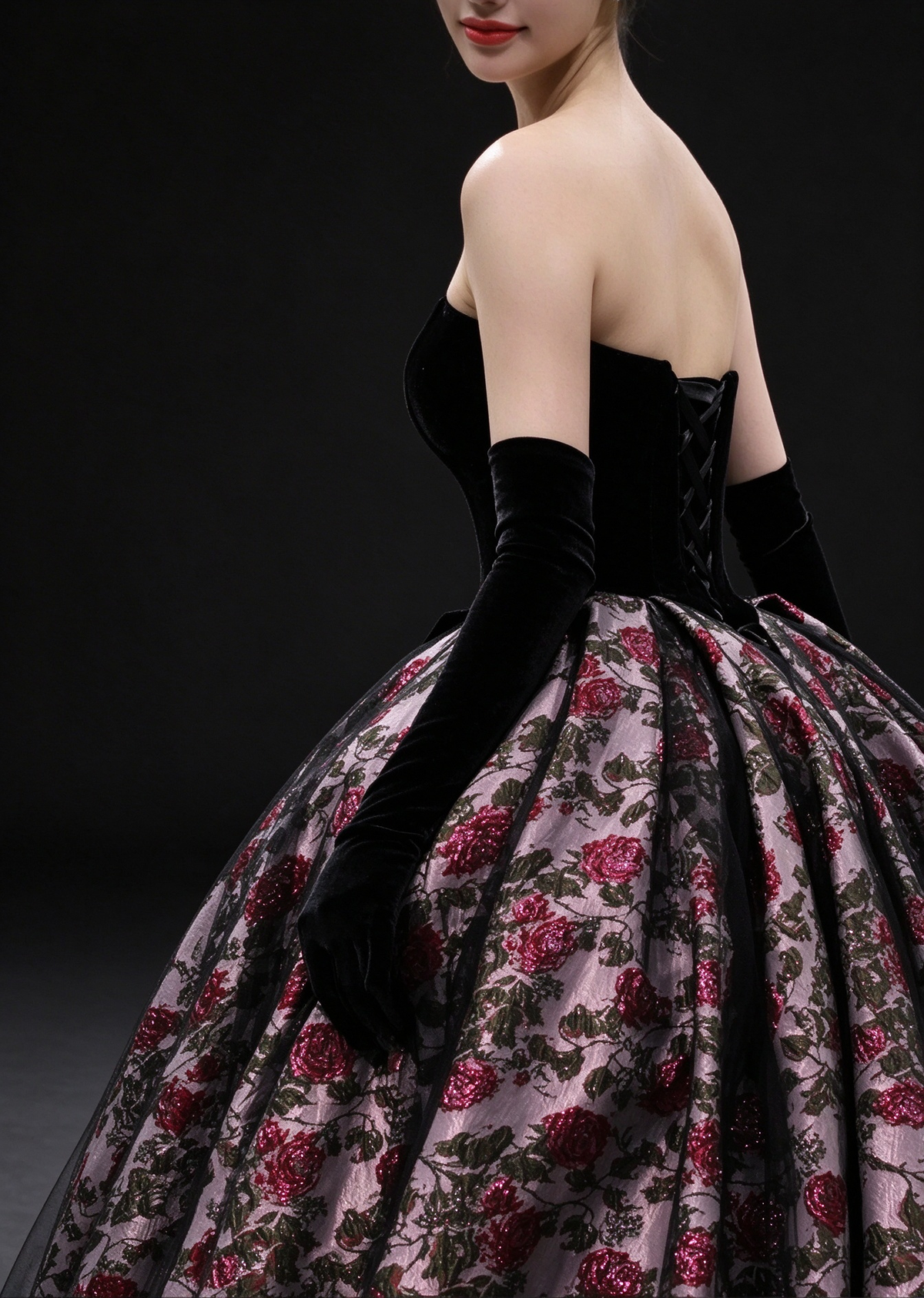Black Strapless Sweetheart Floral Ball Gown fg9117