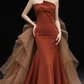 Rust Strapless Mermaid Evening Gown With Tulle Bow Train fg9118