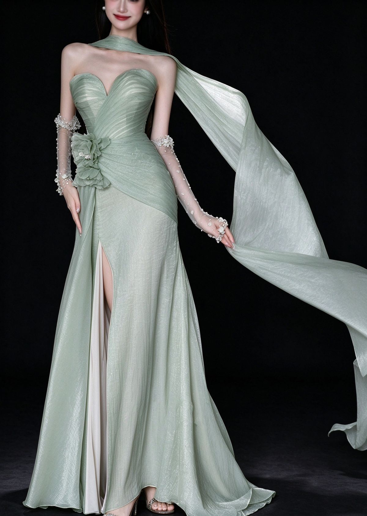 Sage Green Strapless Floral Chiffon Slit Mermaid Evening Dress fg9168