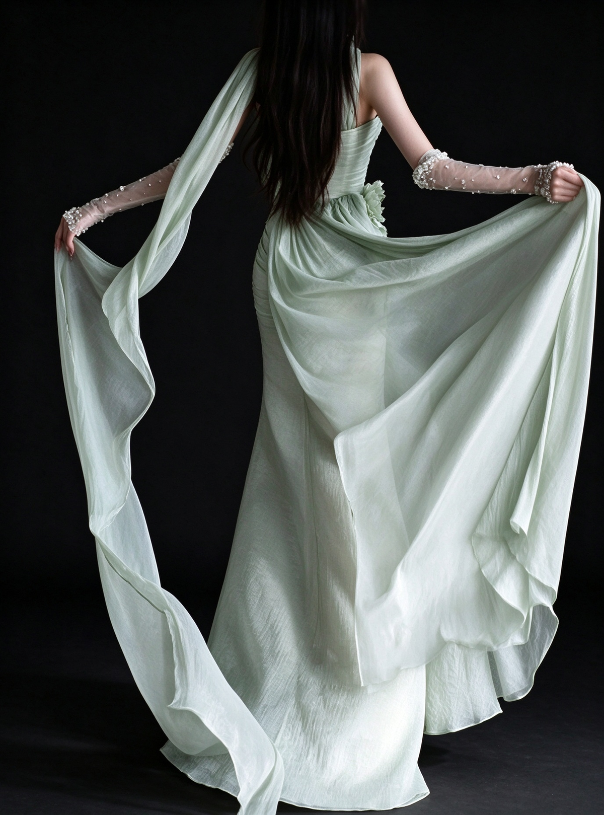 Sage Green Strapless Floral Chiffon Slit Mermaid Evening Dress fg9168