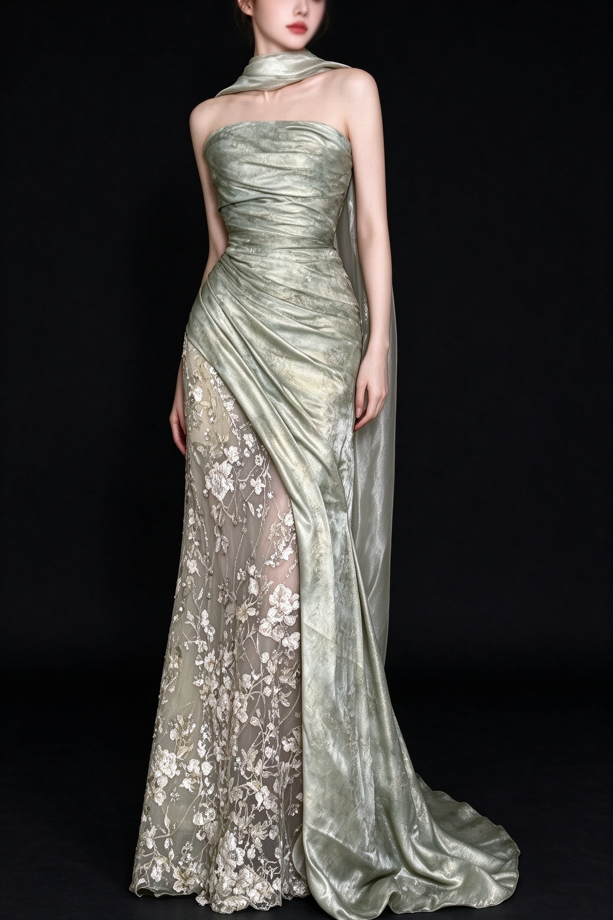 Sage Green Strapless Floral Mermaid Evening Gown With Scarf fg9099