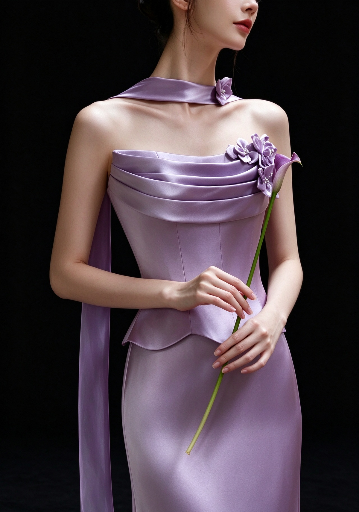 Lavender Strapless 3D Floral Satin Mermaid Evening Dress fg9170
