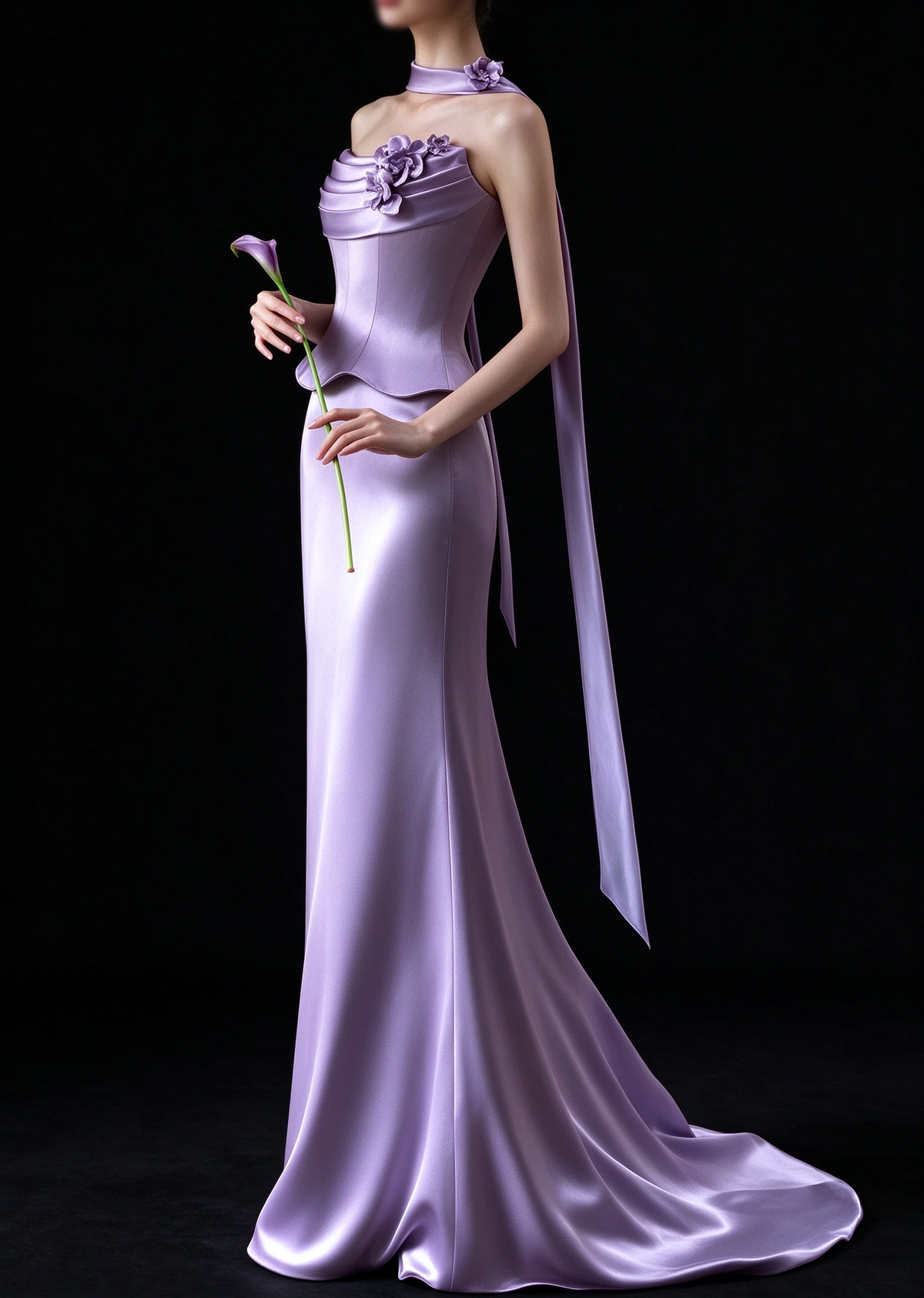 Lavender Strapless 3D Floral Satin Mermaid Evening Dress fg9170