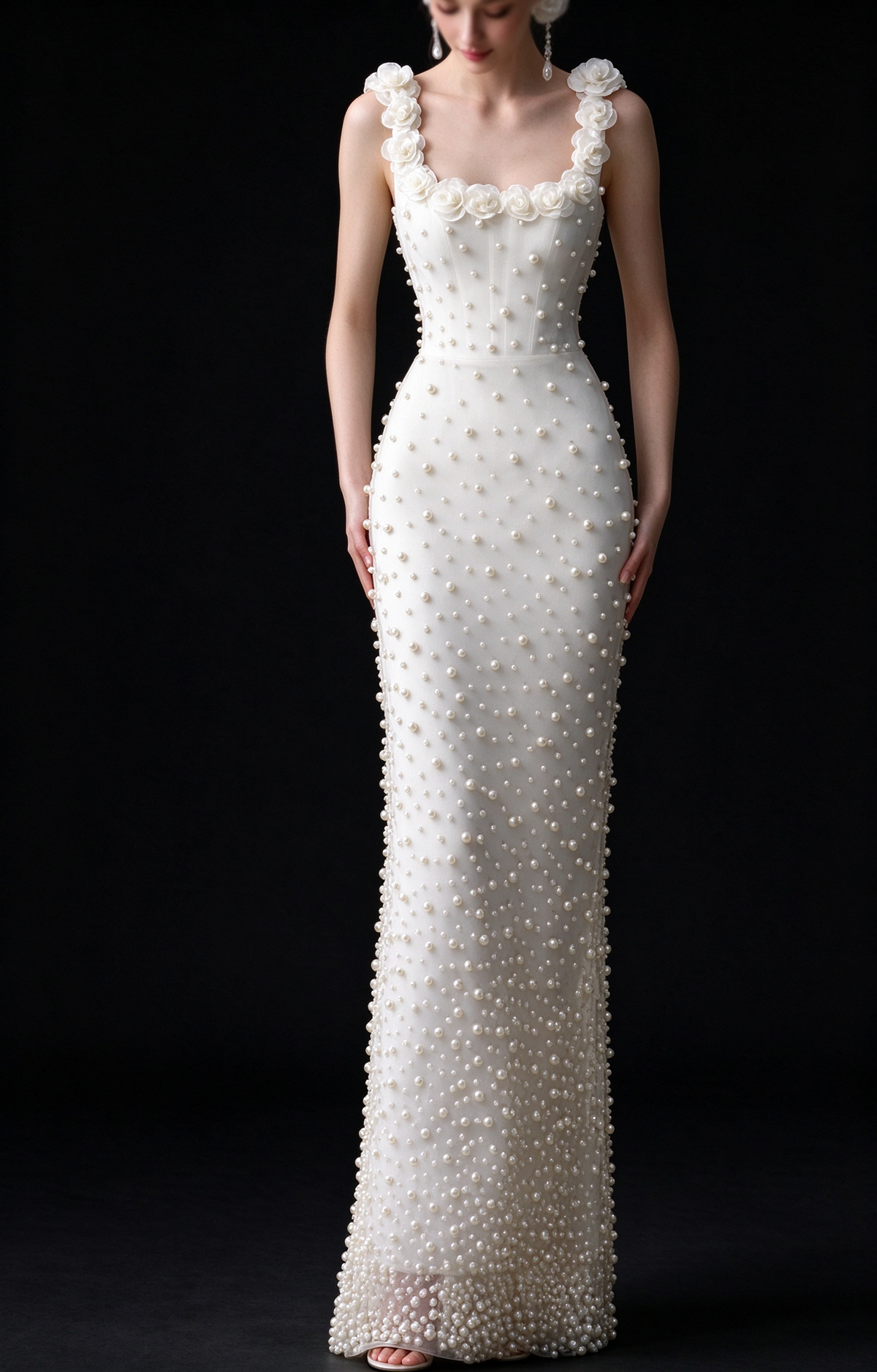 White Square Neck 3D Floral Pearl Mermaid Wedding Dress fg9171