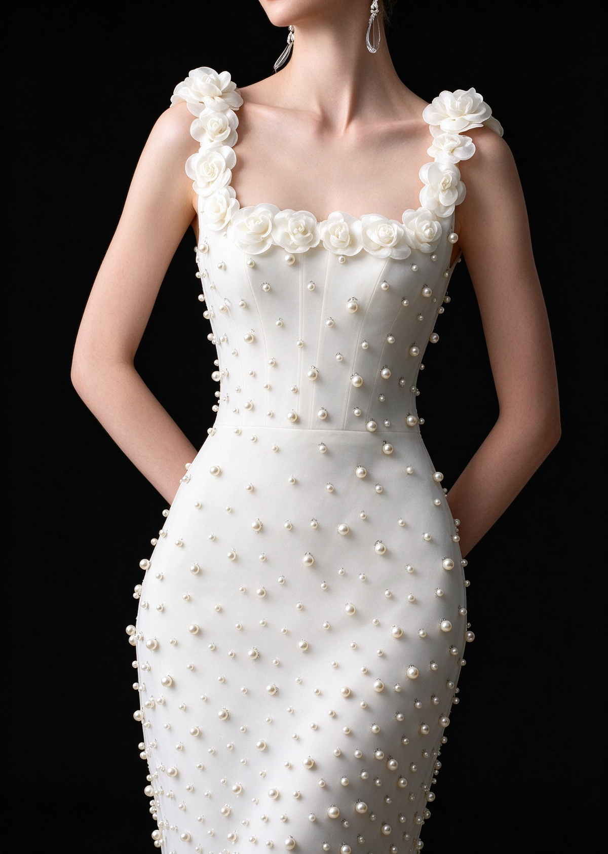 White Square Neck 3D Floral Pearl Mermaid Wedding Dress fg9171