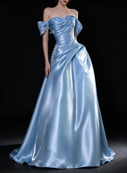 Light Blue Off Shoulder Satin A Line Evening Gown fg9172