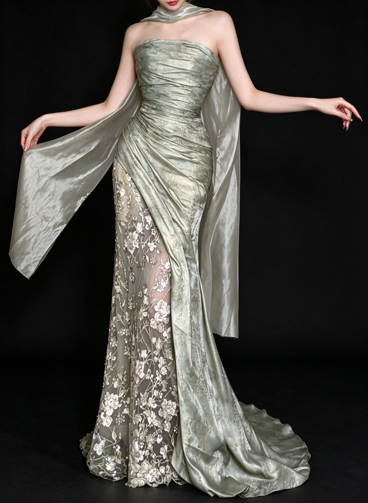 Sage Green Strapless Floral Mermaid Evening Gown With Scarf fg9099