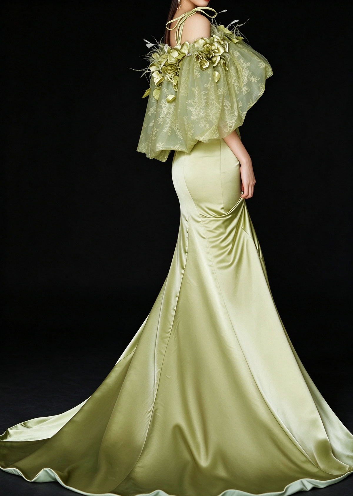 Green Off Shoulder Floral Satin Mermaid Evening Gown fg9081