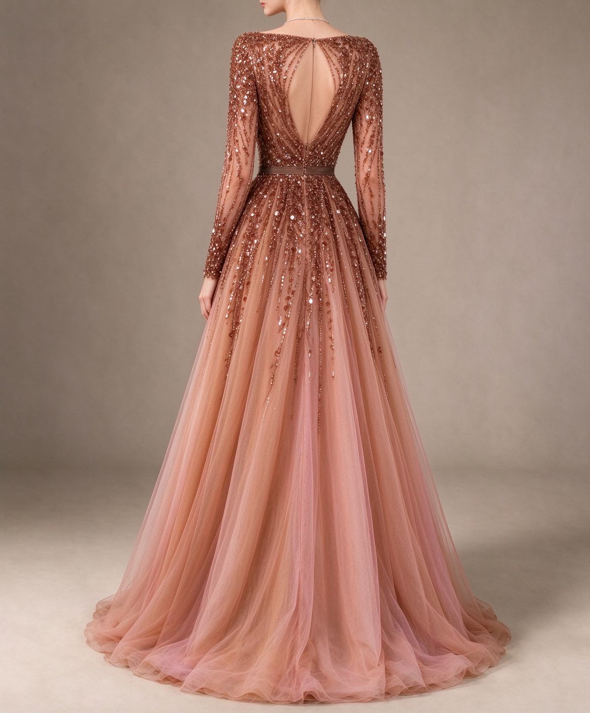 Dusty Rose V-Neck Long Sleeve A-Line Tulle Evening Gown With Heavy Beading & Low Back fg8991