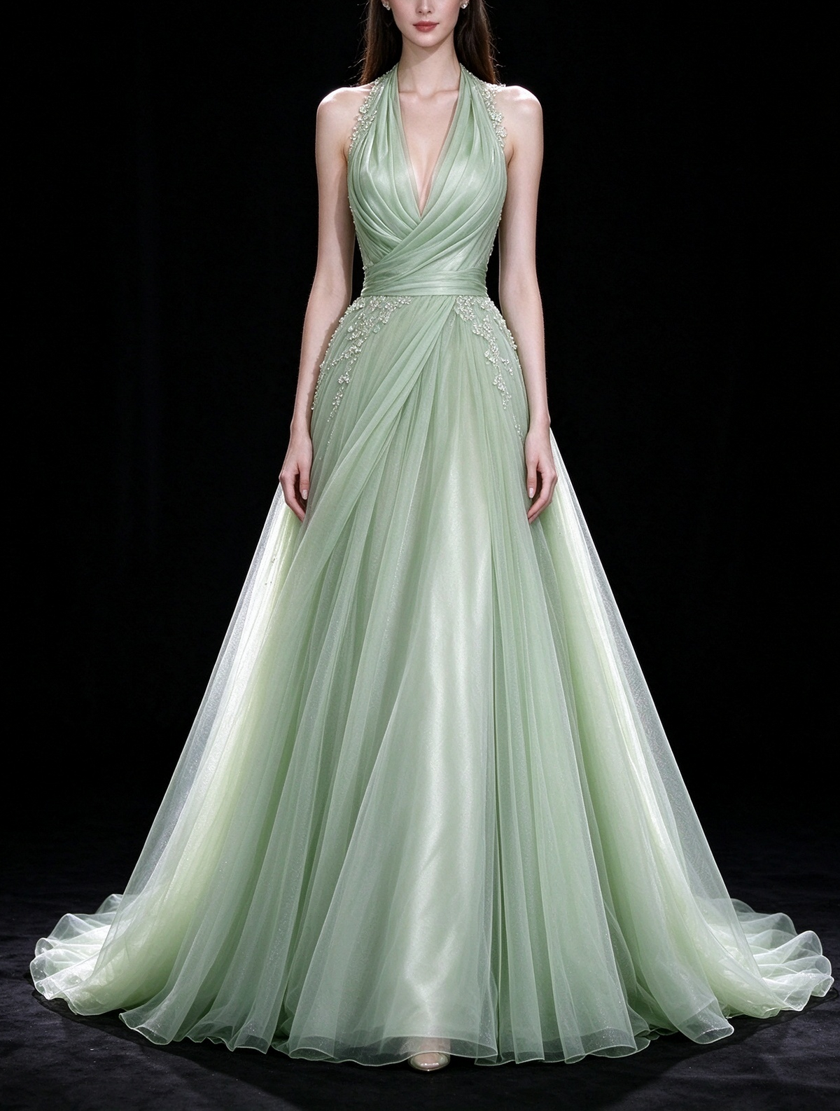 Sage Green Halter V-Neck Beaded Tulle Evening Gown fg9069