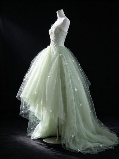 Green Strapless 3D Floral Tulle A Line Evening Gown fg9082