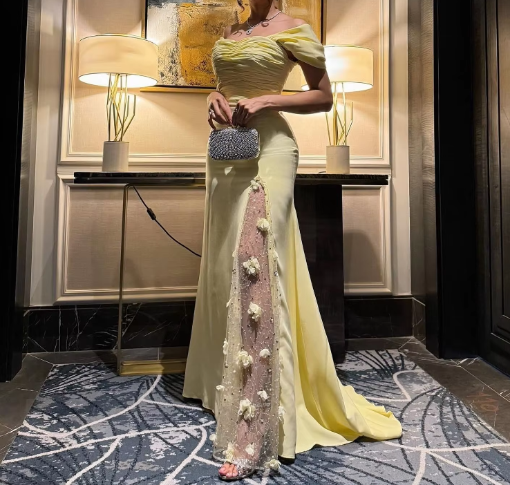 Elegant Prom Dresses Long Yellow Evening Dress Off Shoulder Formal Wedding Party Dress    fg7463