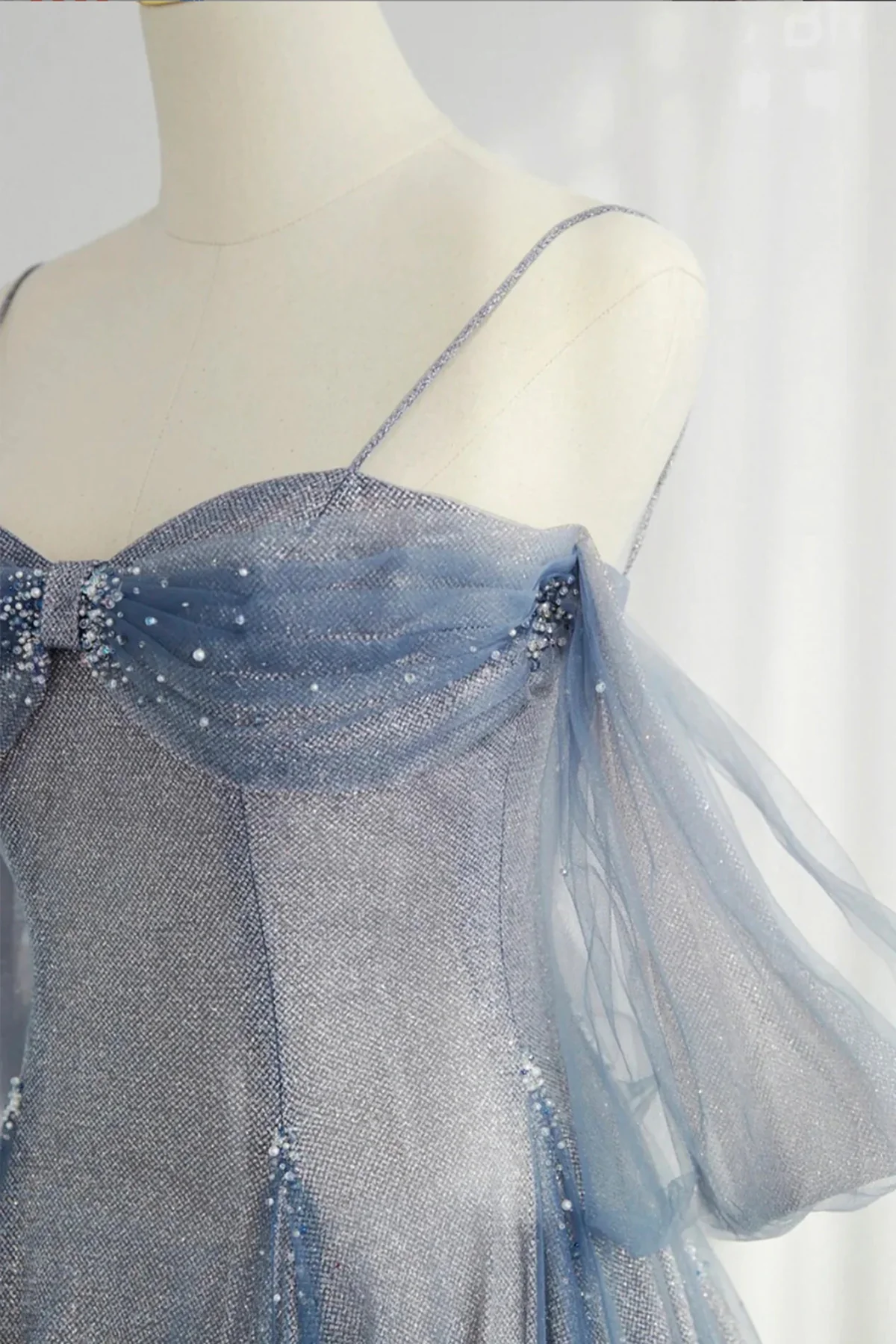 Glitter Blue Tulle A-Line Evening Dress, Blue Off Shoulder Prom Dress with Puff Sleeves  fg8738