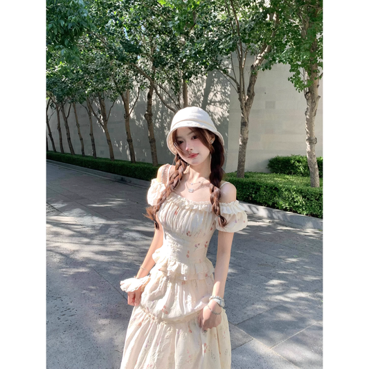 French-style off-the-shoulder floral print mini top and long skirt  A102