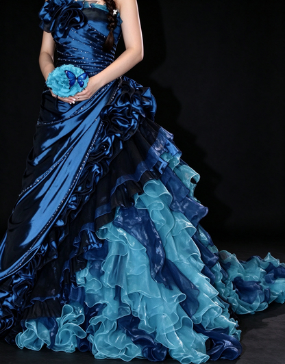 One-Shoulder Blue Ombre Ball Gown with 3D Florals, Beading & Cascading Ruffle Train fg8964
