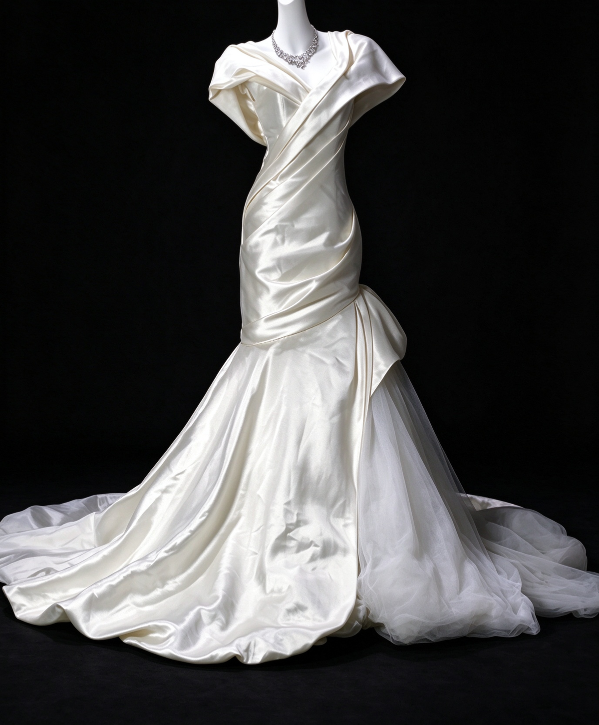 Off-Shoulder Draped White Satin Mermaid Evening Dress, Formal Gown fg8922