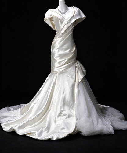 Off-Shoulder Draped White Satin Mermaid Evening Dress, Formal Gown fg8922