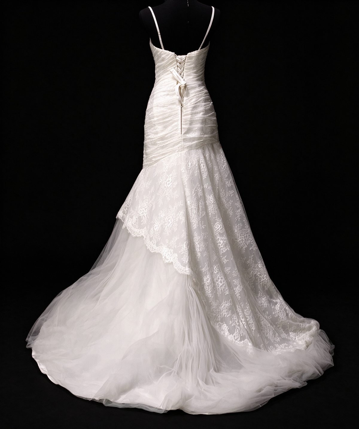 Spaghetti Strap Pleated White Tulle Mermaid Evening Dress, Formal Gown fg8926