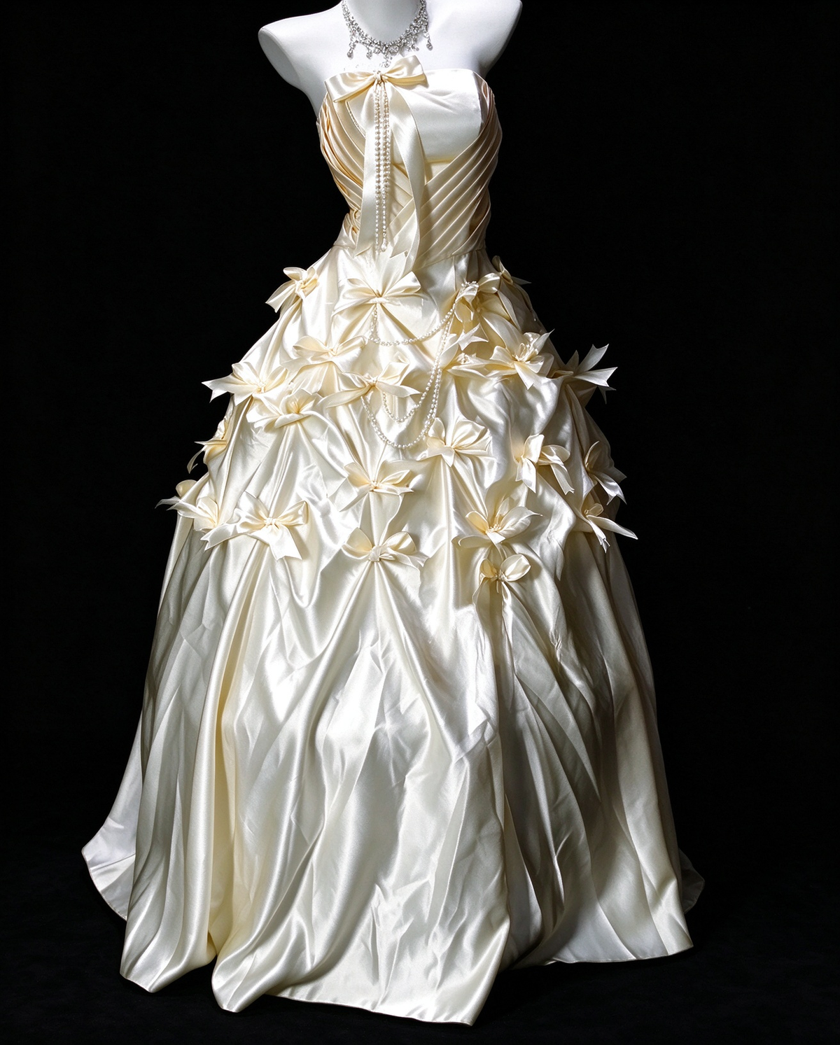 Strapless Bow Beaded Champagne Satin Ball Gown, Formal Evening Dress fg8930