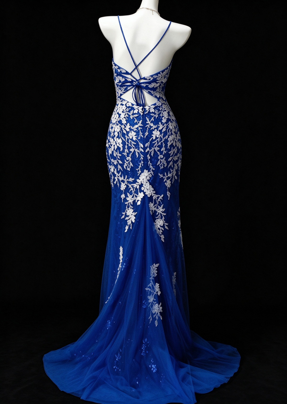 V-Neck Beaded Blue Tulle Mermaid Evening Dress, Formal Prom Gown fg8932
