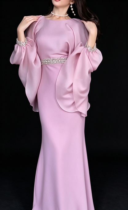 Elegant Pink Chiffon Cape Sleeve Beaded Waist Mermaid Evening Gown fg8967