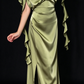 Olive Green Satin Draped Cowl Neck 3D Flower Split Evening Dress fg8969