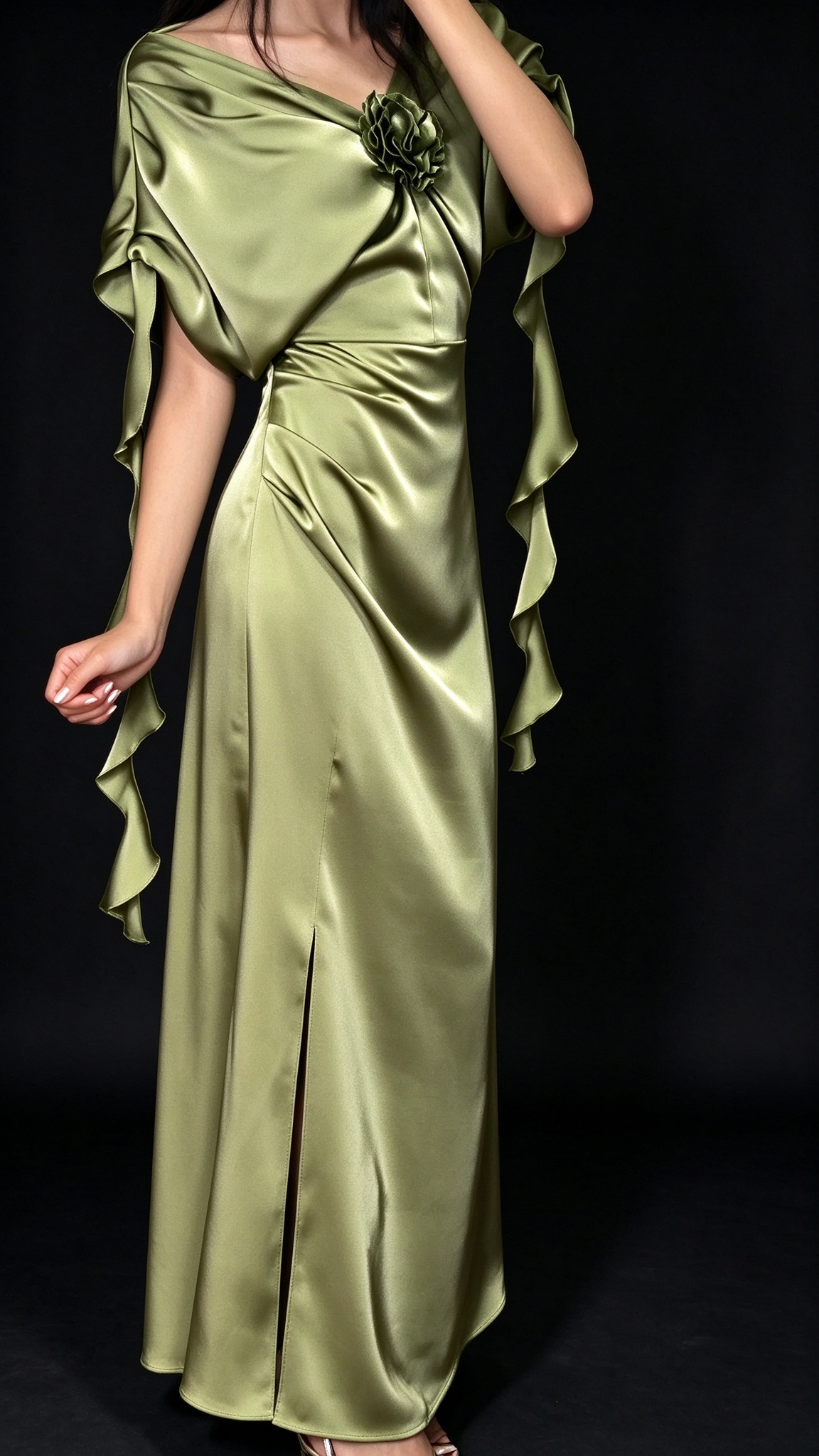 Olive Green Satin Draped Cowl Neck 3D Flower Split Evening Dress fg8969