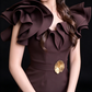 Dark Brown Ruffle Shoulder Gold Flower Detail Split Evening Dress fg8970