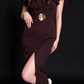 Dark Brown Ruffle Shoulder Gold Flower Detail Split Evening Dress fg8970