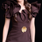 Dark Brown Ruffle Shoulder Gold Flower Detail Split Evening Dress fg8970
