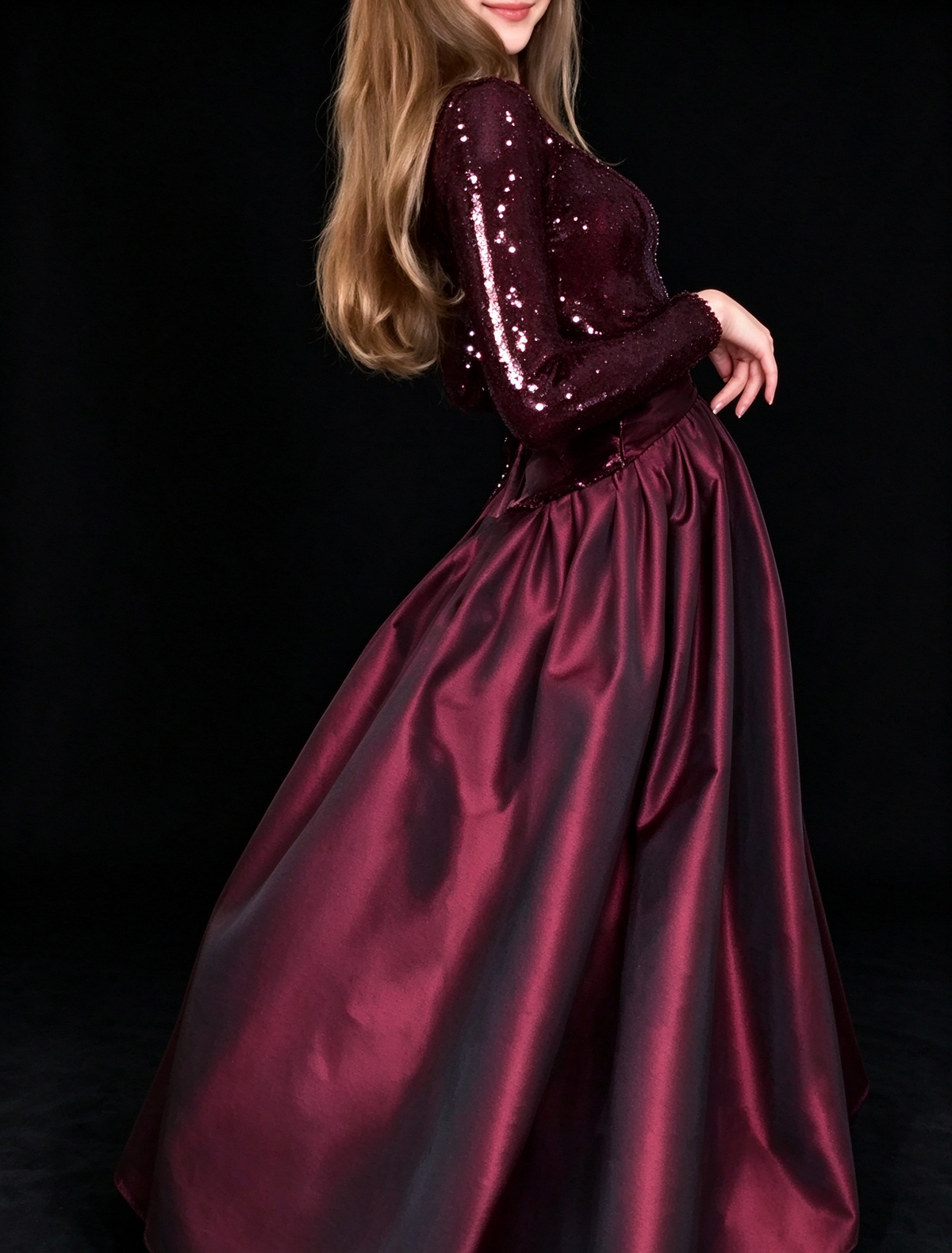 Burgundy Sequin Long Sleeve High Neck Satin A Line Evening Dress fg8973
