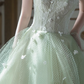 Green Strapless 3D Floral Tulle A Line Evening Gown fg9082