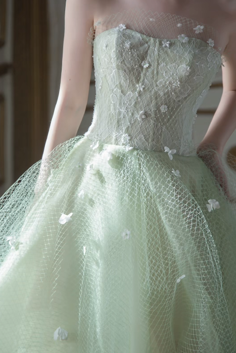 Green Strapless 3D Floral Tulle A Line Evening Gown fg9082