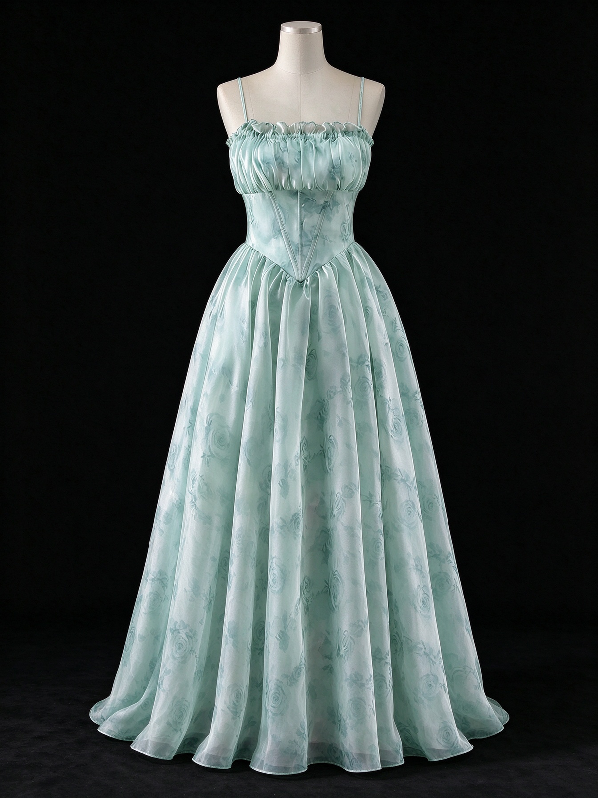 Sage Green Floral Spaghetti Strap Corset Long Evening Gown fg9097