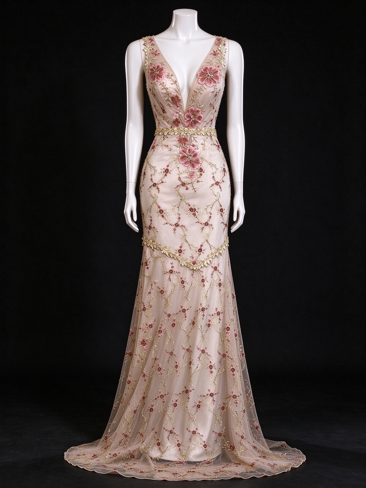 Champagne Floral Embroidery V-Neck Mermaid Long Evening Gown fg9098
