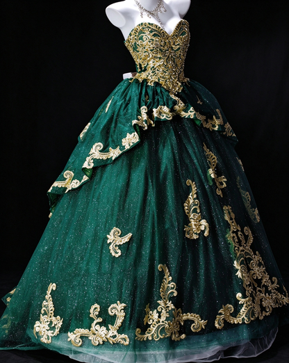 Strapless Green Tulle Ball Gown with Bow & Gold Embroidery, Formal Evening Dress fg8936