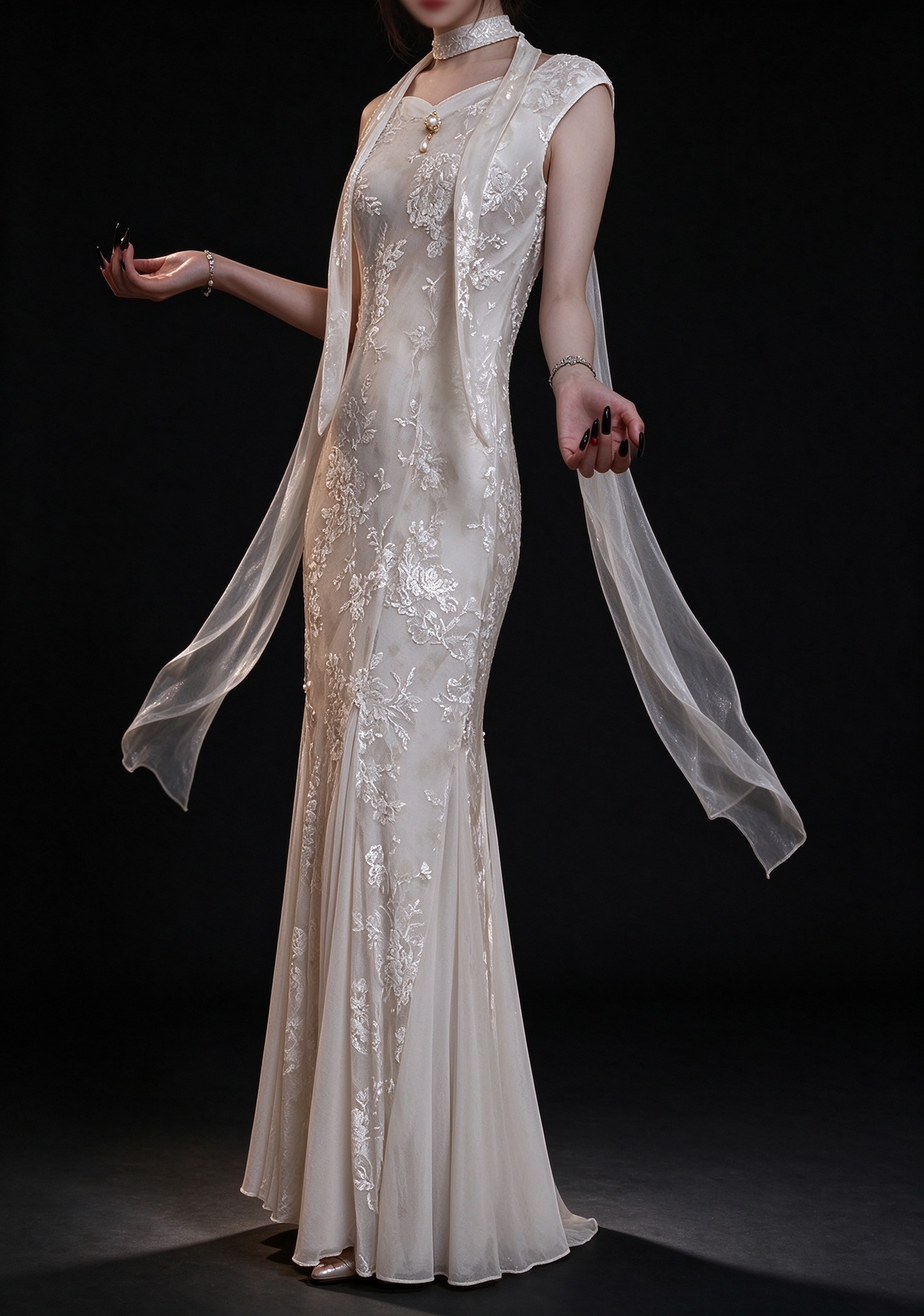 Ivory Floral Lace Mermaid Evening Gown With Sheer Ribbon Choker fg8980