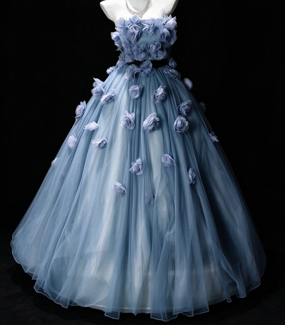 Strapless Blue Tulle Ball Gown with 3D Floral Appliqués, Formal Evening Dress fg8937