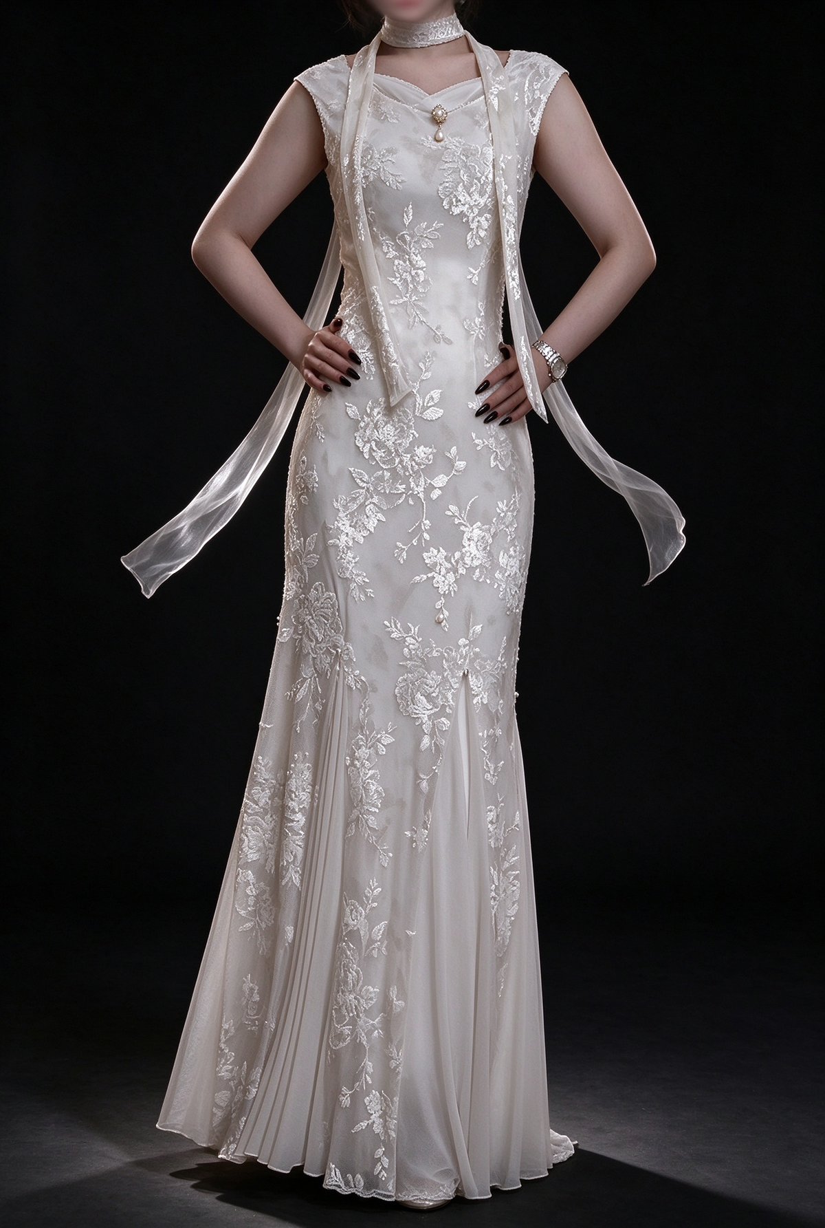 Ivory Floral Lace Mermaid Evening Gown With Sheer Ribbon Choker fg8980