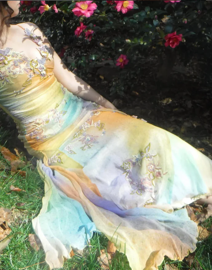 Pretty Vintage Mermaid V Neck Appliques Chiffon Prom Dresses Evening Dresses   fg8552