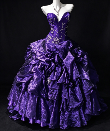 Strapless Purple Ruffled Ball Gown with Beaded Embroidery, Formal Evening Dress fg8938